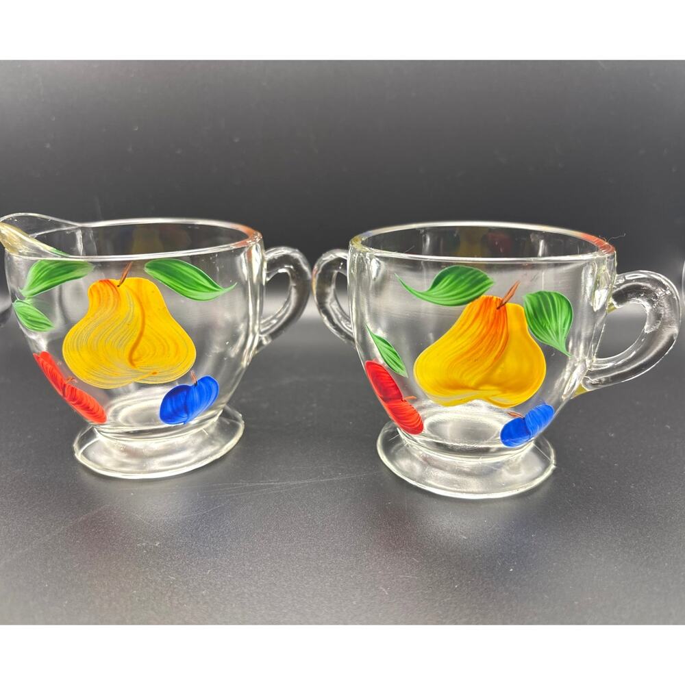 Vintage Bartlett Collins Glass Creamer & Open Sugar Bowl Set 1950s Fruit Design